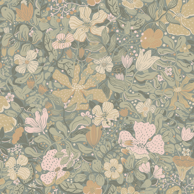 A-Street Prints Midsommar Grey Floral Medley Wallpaper Briony Covers about 57.5 square feet Sweden Unpasted 20.9-in repeat, half drop match 20.9-in by 33-ft long roll - My Fabric Connection -