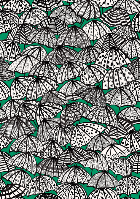ohpopsi Dara Green Jolly Brollies Wallpaper Concept Covers about 54.2 square feet Great Britain Unpasted 27.9-in repeat, straight match 19.7-in by 33-ft long roll - My Fabric Connection -