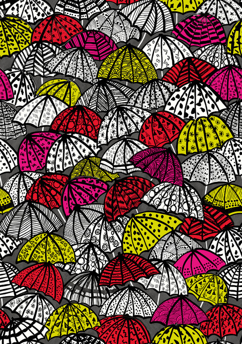 ohpopsi Dara Red Jolly Brollies Wallpaper Concept Covers about 54.2 square feet Great Britain Unpasted 27.9-in repeat, straight match 19.7-in by 33-ft long roll - My Fabric Connection -