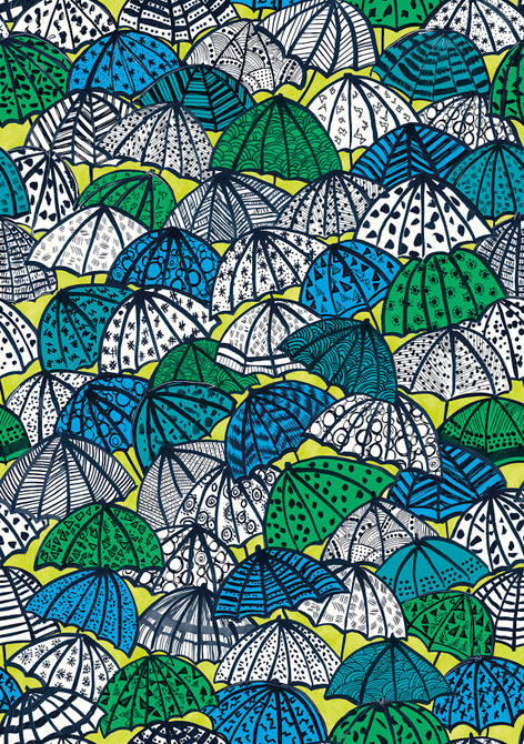 ohpopsi Dara Chartreuse Jolly Brollies Wallpaper Concept Covers about 54.2 square feet Great Britain Unpasted 27.9-in repeat, straight match 19.7-in by 33-ft long roll - My Fabric Connection -