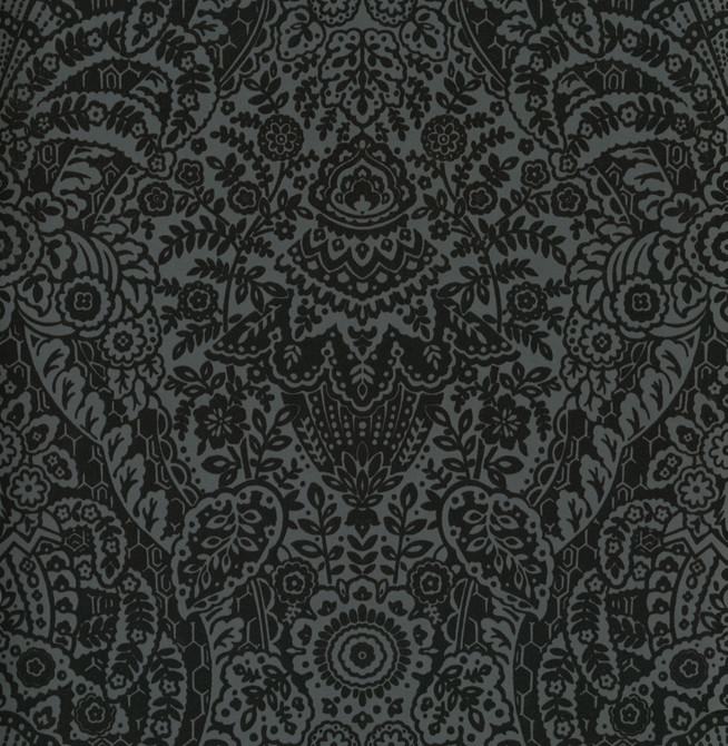 A-Street Prints Maris Charcoal Flock Damask Wallpaper Daylight Covers about 56.4 square feet Great Britain Unpasted 21-in repeat, straight match 20.5-in by 33-ft long roll - My Fabric Connection -