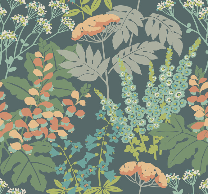 A-Street Prints Brie Teal Forest Flowers Wallpaper Daylight Covers about 60.8 square feet United States Unpasted 25.25-in repeat, straight match 27-in by 27-ft long roll - My Fabric Connection -