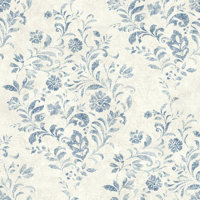 Chesapeake Isidore Blue Scroll Wallpaper Delphine Covers about 56.4 square feet United States Prepasted 20.5-in repeat, straight match 20.5-in by 33-ft long roll - My Fabric Connection -