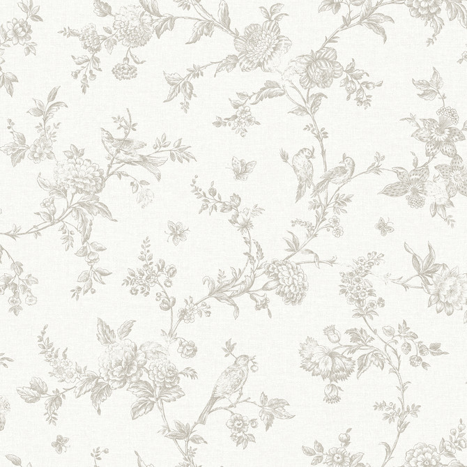 Chesapeake Nightingale Taupe Floral Trail Wallpaper Delphine Covers about 56.4 square feet United States Prepasted 20.5-in repeat, half drop match 20.5-in by 33-ft long roll - My Fabric Connection -
