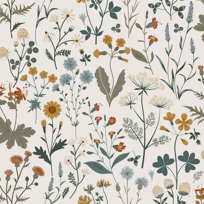ESTA Home Fiore Blue Wildflowers Wallpaper Design Department Covers about 57.5 square feet Netherlands Unpasted 20.9-in repeat, half drop match 20.9-in by 33-ft long roll - My Fabric Connection -