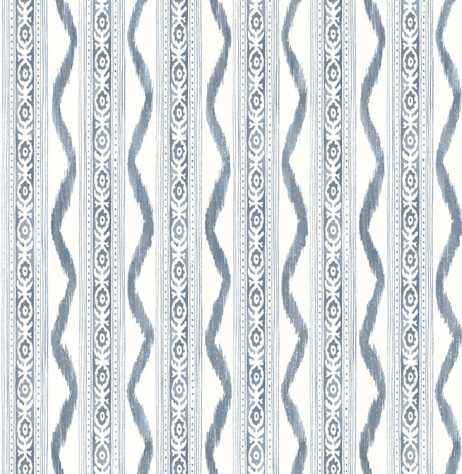 A-Street Prints Rhys Blue IKAT Stripe Wallpaper Erin Gates Covers about 56.4 square feet United States Unpasted 21-in repeat, straight match 20.5-in by 33-ft long roll - My Fabric Connection -