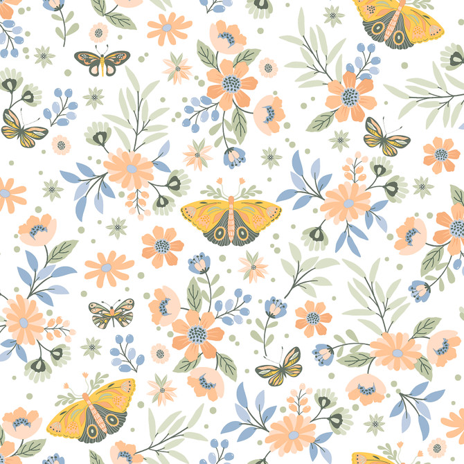 Chesapeake Zev Coral Butterfly Wallpaper Fable Covers about 57.5 square feet France Unpasted 10.4-in repeat, drop match 20.9-in by 33-ft long roll - My Fabric Connection -
