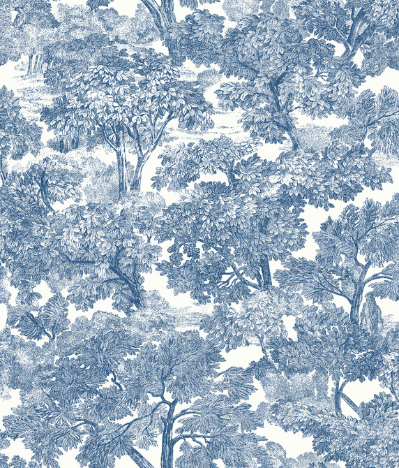 Chesapeake Spinney Blue Toile Wallpaper Farmhouse Covers about 56.4 square feet United States Prepasted 24-in repeat, drop match 20.5-in by 33-ft long roll - My Fabric Connection -