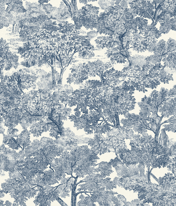 Chesapeake Spinney Blue Toile Wallpaper Wildflower Covers about 56.4 square feet United States Prepasted 24-in repeat, half drop match 20.5-in by 33-ft long roll - My Fabric Connection -