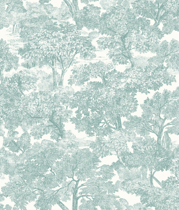 Chesapeake Spinney Teal Toile Wallpaper Farmhouse Covers about 56.4 square feet United States Prepasted 24-in repeat, drop match 20.5-in by 33-ft long roll - My Fabric Connection -