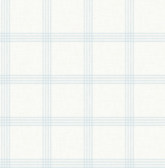 Chesapeake Twain Light Blue Plaid Wallpaper Farmhouse Covers about 56.4 square feet Great Britain Prepasted 5.2-in repeat, straight match 20.5-in by 33-ft long roll - My Fabric Connection -