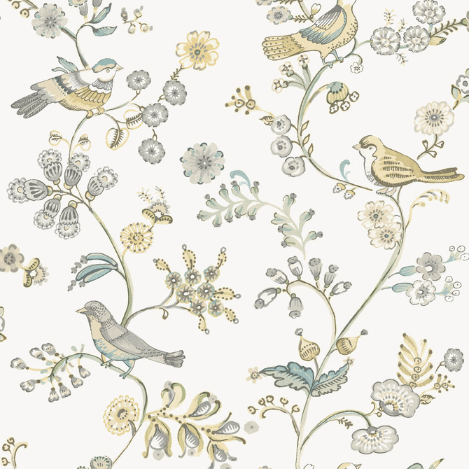 Chesapeake Jinjur Light Yellow Bird Trail Wallpaper Flora & Fauna Covers about 56.4 square feet United States Prepasted 10.5-in repeat, half drop match 20.5-in by 33-ft long roll - My Fabric Connection -