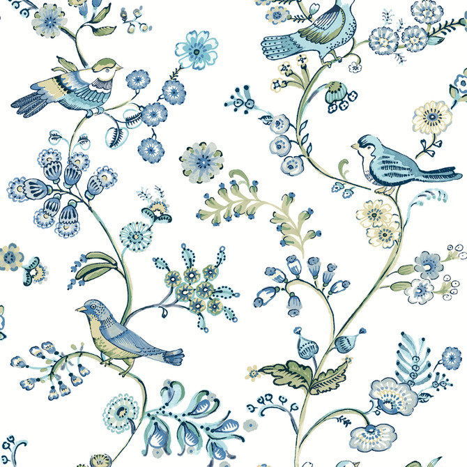 Chesapeake Jinjur Teal Bird Trail Wallpaper Flora & Fauna Covers about 56.4 square feet United States Prepasted 10.5-in repeat, half drop match 20.5-in by 33-ft long roll - My Fabric Connection -