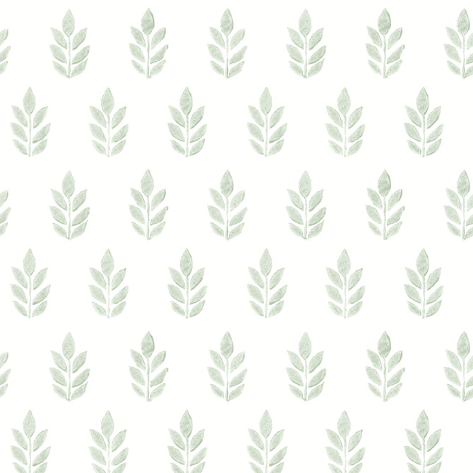 Chesapeake Ervic Green Leaf Block Print Wallpaper Flora & Fauna Covers about 56.4 square feet United States Prepasted 7-in repeat, straight match 20.5-in by 33-ft long roll - My Fabric Connection -