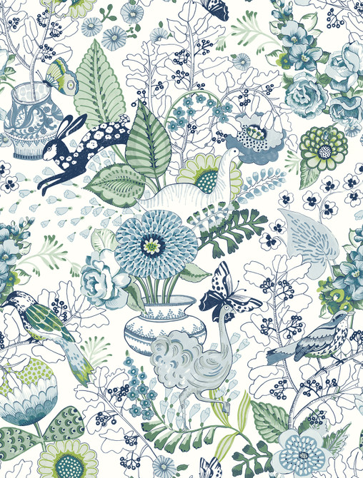 A-Street Prints Whimsy Blue Fauna Wallpaper Folklore Covers about 56.4 square feet United States Unpasted 27-in repeat, straight match 20.5-in by 33-ft long roll - My Fabric Connection -