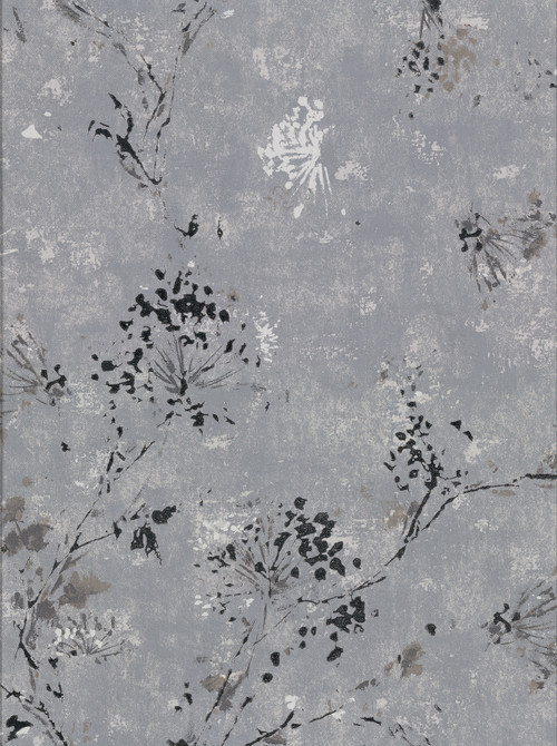 Brewster Misty Charcoal Distressed Dandelion Wallpaper Fresh Start Kitchen & Bath Covers about 60.8 square feet China Unpasted 12.6-in repeat, drop match 27-in by 27-ft long roll - My Fabric Connection -