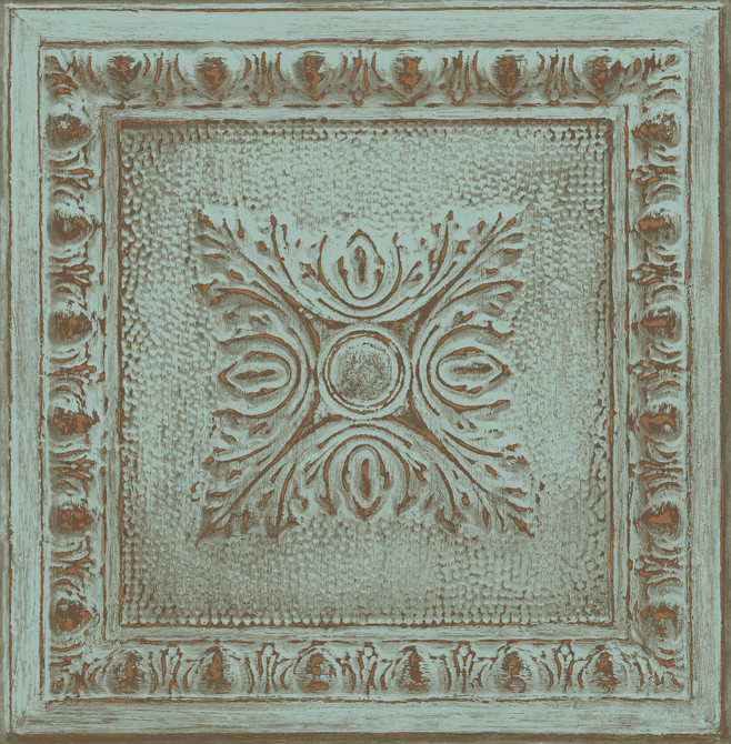 Brewster Hazley Turquoise Ornament Tin Tile Wallpaper Fresh Start Kitchen & Bath Covers about 56.4 square feet Great Britain Unpasted 20.9-in repeat, straight match 20.5-in by 33-ft long roll - My Fabric Connection -