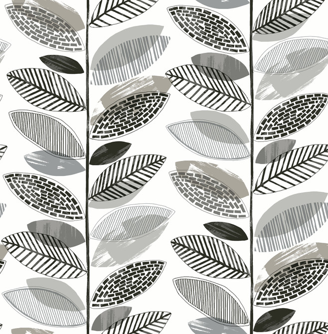 Brewster Nyssa Grey Leaves Wallpaper Fresh Start Kitchen & Bath Covers about 56.4 square feet Great Britain Unpasted 20.9-in repeat, straight match 20.5-in by 33-ft long roll - My Fabric Connection -