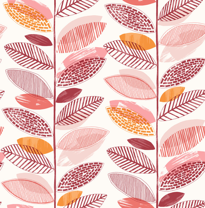 Brewster Nyssa Coral Leaves Wallpaper Fresh Start Kitchen & Bath Covers about 56.4 square feet Great Britain Unpasted 20.9-in repeat, straight match 20.5-in by 33-ft long roll - My Fabric Connection -