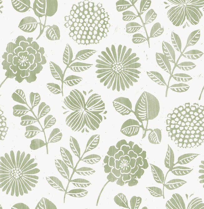 A-Street Prints Inge Moss Floral Block Print Wallpaper Hannah Covers about 56.4 square feet Great Britain Unpasted 20.9-in repeat, straight match 20.5-in by 33-ft long roll - My Fabric Connection -