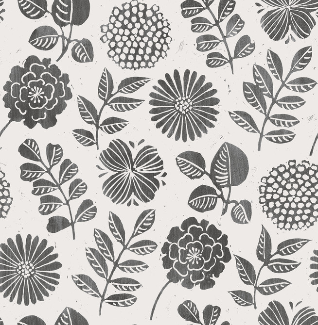 A-Street Prints Inge Black Floral Block Print Wallpaper Hannah Covers about 56.4 square feet Great Britain Unpasted 20.9-in repeat, straight match 20.5-in by 33-ft long roll - My Fabric Connection -
