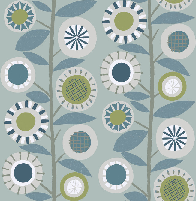A-Street Prints Sisu Light Blue Floral Geometric Wallpaper Hannah Covers about 56.4 square feet Great Britain Unpasted 20.9-in repeat, straight match 20.5-in by 33-ft long roll - My Fabric Connection -