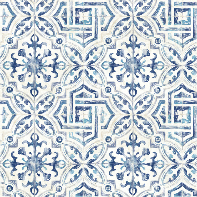 Chesapeake Sonoma Blue Spanish Tile Wallpaper Homestead Covers about 56.4 square feet United States Prepasted 20.5-in repeat, straight match 20.5-in by 33-ft long roll - My Fabric Connection -