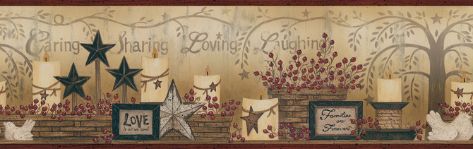 Chesapeake Caring Candles Red Country Wallpaper Homestead Covers about 7.5 square feet United States Prepasted Frame the room with this lovely border 6-in by 15-ft long roll - My Fabric Connection -