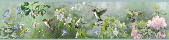 Chesapeake Ruby Light Blue Hummingbird Garden Wallpaper Homestead Covers about 7.5 square feet Great Britain Prepasted Frame the room with this lovely border 6-in by 15-ft long roll - My Fabric Connection -