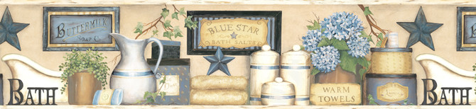 Chesapeake Martha Blue Country Bath Wallpaper Homestead Covers about 7.5 square feet United States Prepasted Frame the room with this lovely border 6-in by 15-ft long roll - My Fabric Connection -