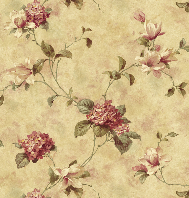 Chesapeake Magnolia Yellow Hydrangea Trail Wallpaper Homestead Covers about 56.4 square feet United States Prepasted 20.5-in repeat, drop match 20.5-in by 33-ft long roll - My Fabric Connection -