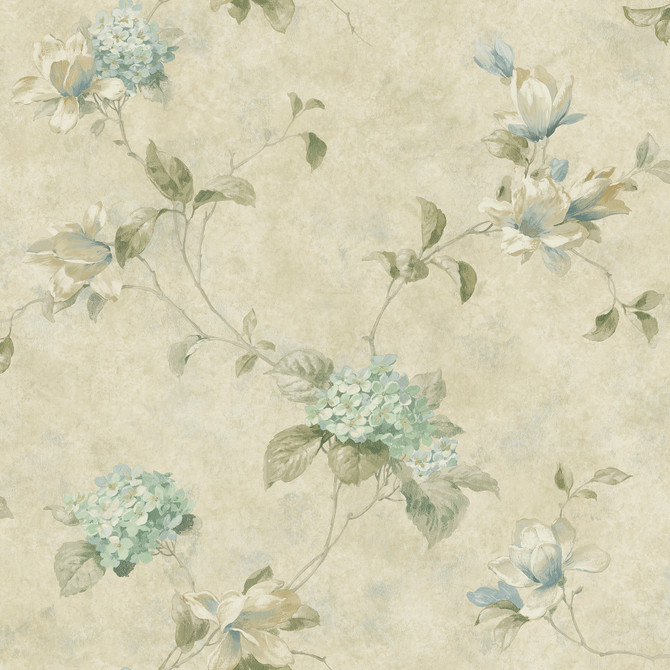 Chesapeake Magnolia Teal Hydrangea Trail Wallpaper Homestead Covers about 56.4 square feet United States Prepasted 20.5-in repeat, drop match 20.5-in by 33-ft long roll - My Fabric Connection -