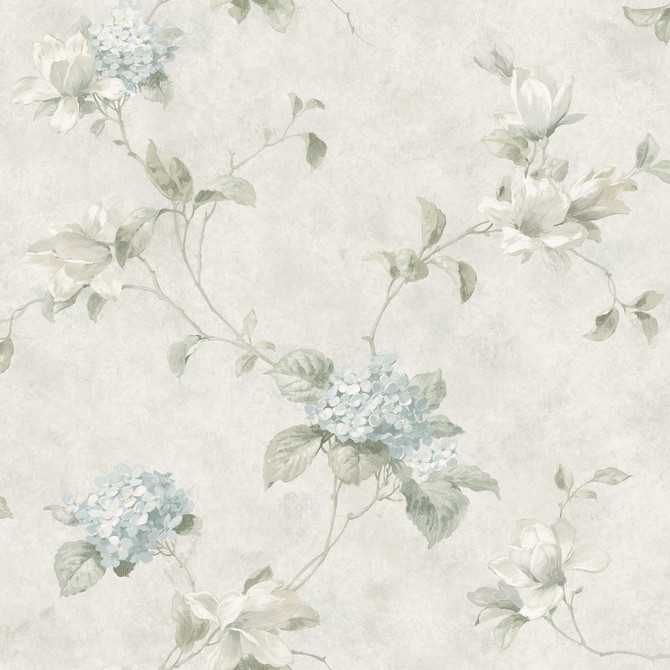 Chesapeake Magnolia Light Blue Hydrangea Trail Wallpaper Homestead Covers about 56.4 square feet United States Prepasted 20.5-in repeat, drop match 20.5-in by 33-ft long roll - My Fabric Connection -
