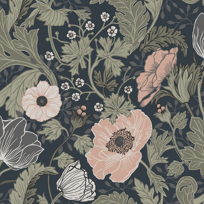 A-Street Prints Anemone Navy Floral Wallpaper Ingrid Covers about 57.5 square feet Sweden Unpasted 20.9-in repeat, half drop match 20.9-in by 33-ft long roll - My Fabric Connection -