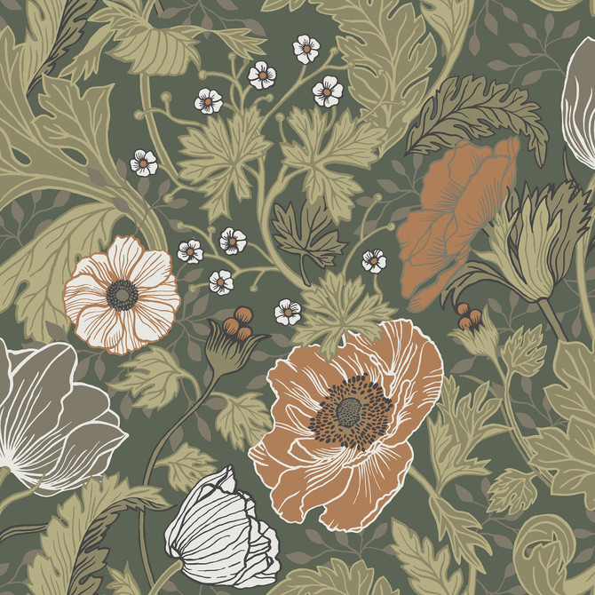 A-Street Prints Anemone Green Floral Wallpaper Ingrid Covers about 57.5 square feet Sweden Unpasted 20.9-in repeat, half drop match 20.9-in by 33-ft long roll - My Fabric Connection -