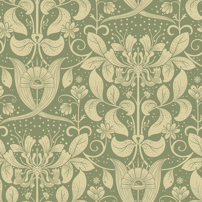 A-Street Prints Berit Green Floral Crest Wallpaper Ingrid Covers about 57.5 square feet Sweden Unpasted 20.9-in repeat, straight match 20.9-in by 33-ft long roll - My Fabric Connection -