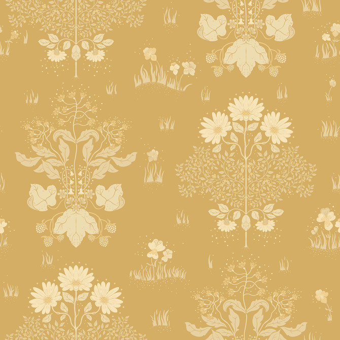 A-Street Prints Elda Gold Delicate Daisies Wallpaper Ingrid Covers about 57.5 square feet Sweden Unpasted 20.9-in repeat, straight match 20.9-in by 33-ft long roll - My Fabric Connection -