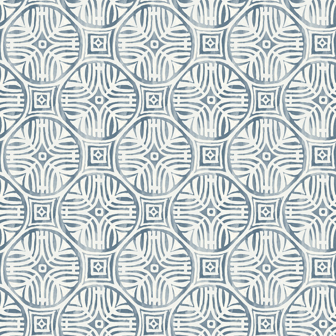 Chesapeake Sandee Navy Medallion Wallpaper Kinfolk Covers about 56.4 square feet United States Prepasted 6.83-in repeat, straight match 20.5-in by 33-ft long roll - My Fabric Connection -