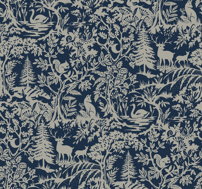 Chesapeake Alrick Navy Forest Venture Wallpaper Kinfolk Covers about 60.8 square feet United States Prepasted 25.25-in repeat, straight match 27-in by 27-ft long roll - My Fabric Connection -