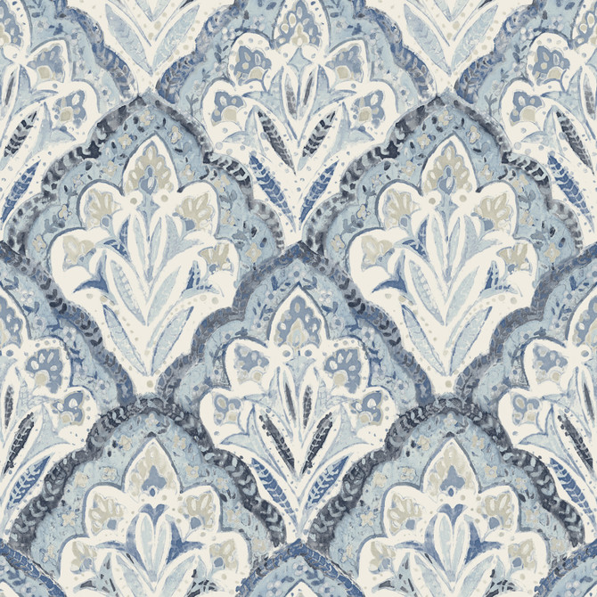 Chesapeake Mimir Blue Quilted Damask Wallpaper Kinfolk Covers about 56.4 square feet United States Prepasted 20.5-in repeat, straight match 20.5-in by 33-ft long roll - My Fabric Connection -