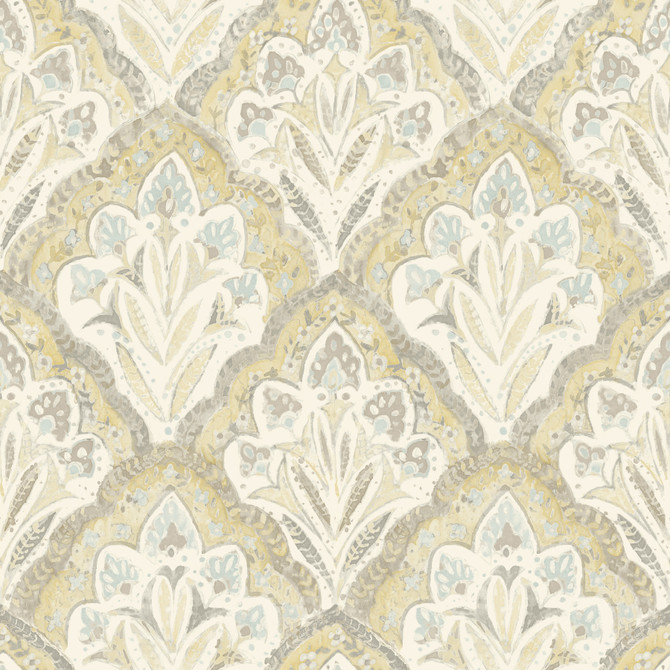Chesapeake Mimir Mustard Quilted Damask Wallpaper Kinfolk Covers about 56.4 square feet United States Prepasted 20.5-in repeat, straight match 20.5-in by 33-ft long roll - My Fabric Connection -