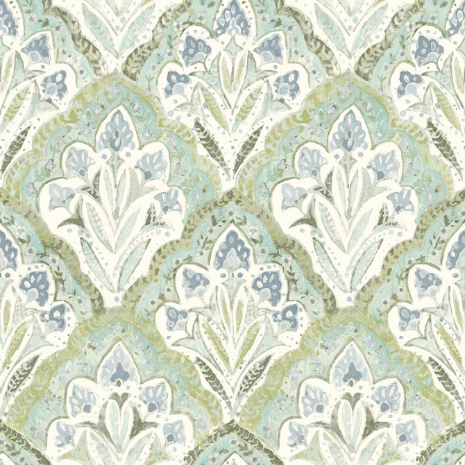 Chesapeake Mimir Aquamarine Quilted Damask Wallpaper Kinfolk Covers about 56.4 square feet 20.5-in by 33-ft long roll Prepasted 20.5 - My Fabric Connection -