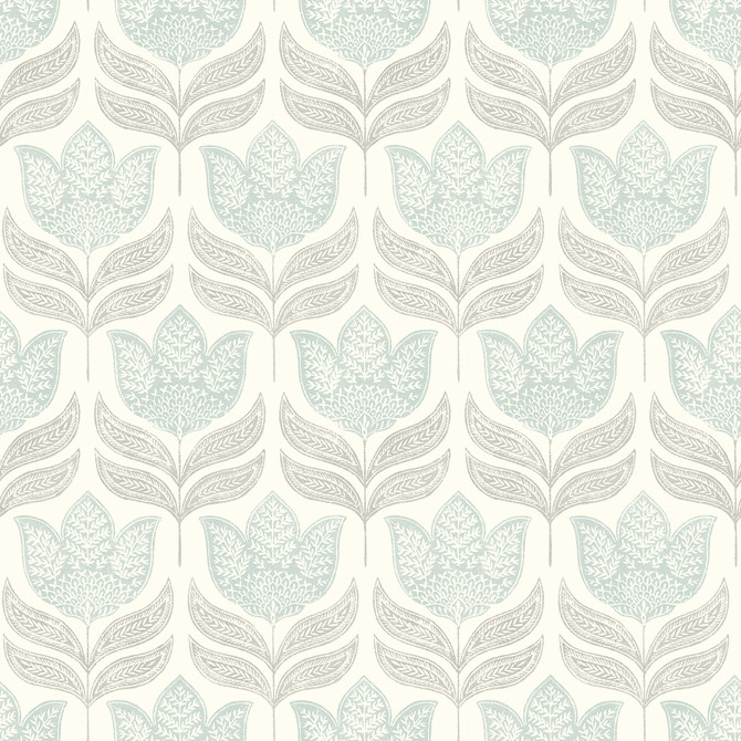 Chesapeake Cathal Aqua Tulip Block Print Wallpaper Kinfolk Covers about 56.4 square feet 20.5-in by 33-ft long roll Prepasted 10.25 - My Fabric Connection -