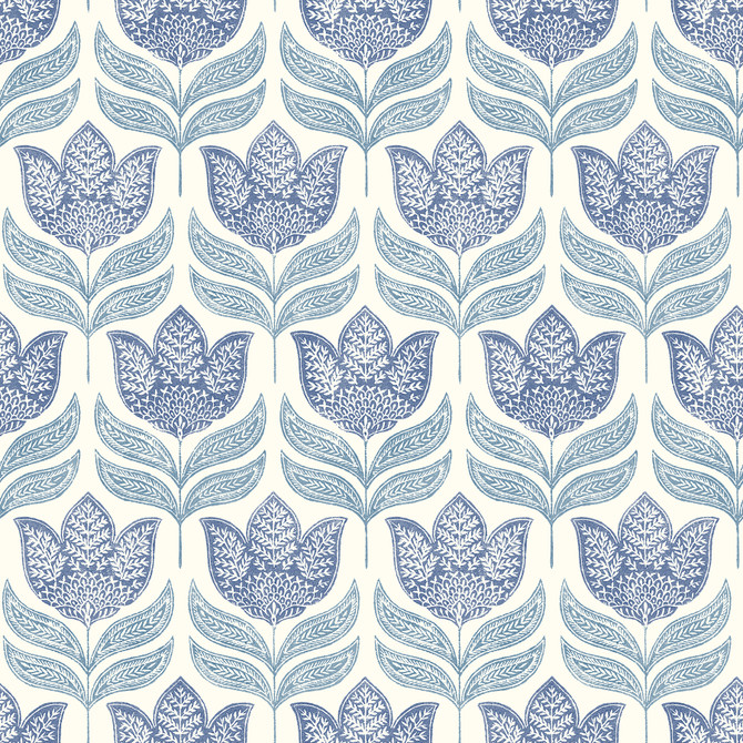 Chesapeake Cathal Blue Tulip Block Print Wallpaper Kinfolk Covers about 56.4 square feet United States Prepasted 10.25-in repeat, straight match 20.5-in by 33-ft long roll - My Fabric Connection -
