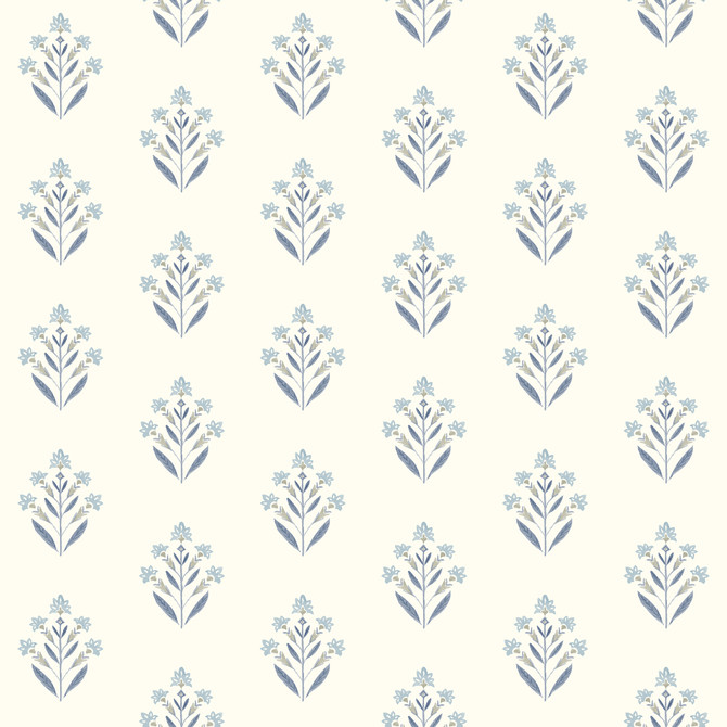 Chesapeake Kova Blue Floral Crest Wallpaper Kinfolk Covers about 56.4 square feet 20.5-in by 33-ft long roll Prepasted 4.1 - My Fabric Connection -
