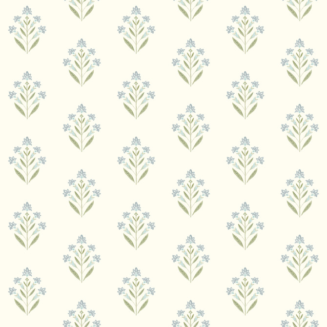 Chesapeake Kova Aquamarine Floral Crest Wallpaper Kinfolk Covers about 56.4 square feet United States Prepasted 4.1-in repeat, straight match 20.5-in by 33-ft long roll - My Fabric Connection -