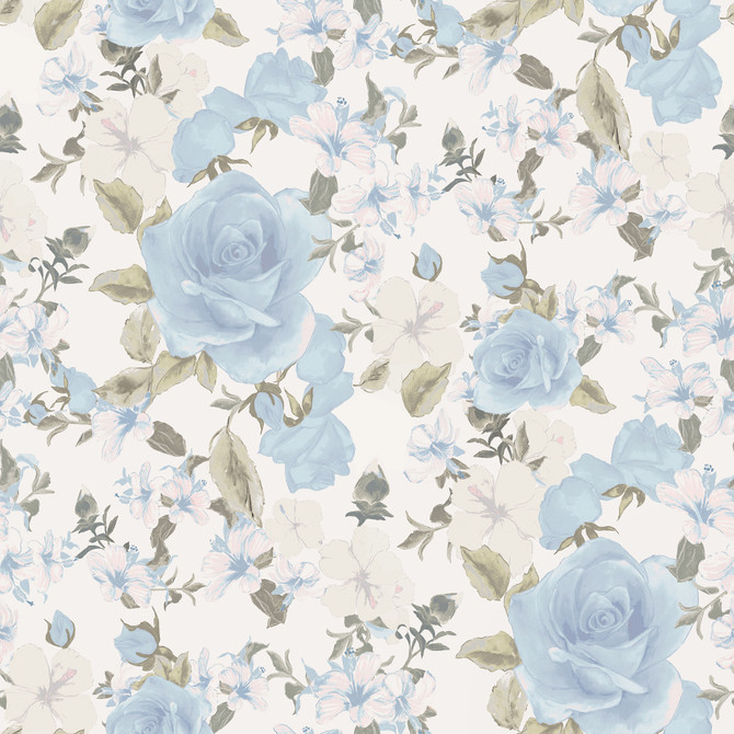 A-Street Prints Sunset Harbor Rose Bella Lina Blue Roses & White Flowers Wallpaper LoveShackFancy Covers about 56.4 square feet United States Unpasted 20.8-in repeat, straight match 20.5-in by 33-ft long roll - My Fabric Connection -
