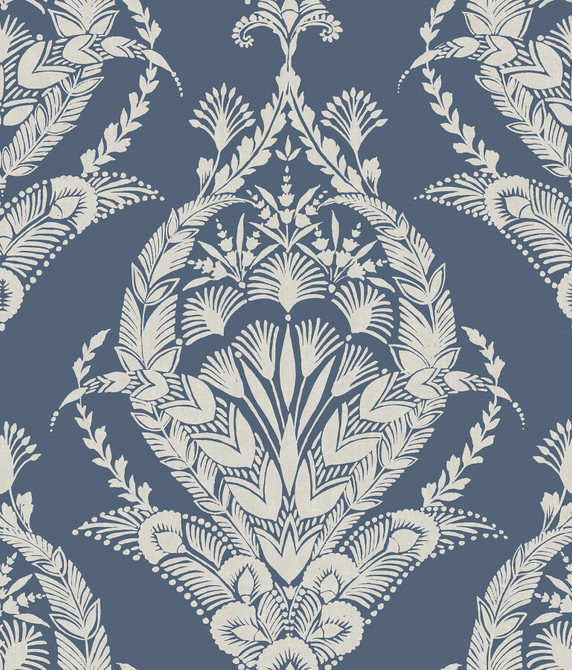 A-Street Prints Arlie Indigo Botanical Damask Wallpaper Middleton Covers about 56.4 square feet Great Britain Unpasted 24-in repeat, straight match 20.5-in by 33-ft long roll - My Fabric Connection -