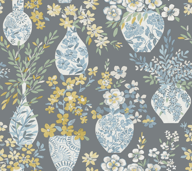 A-Street Prints Harper Grey Floral Vase Wallpaper Middleton Covers about 60.8 square feet United States Unpasted 25.25-in repeat, straight match 27-in by 27-ft long roll - My Fabric Connection -