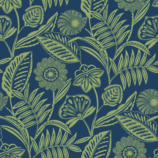 A-Street Prints Alma Blue Tropical Floral Wallpaper Pacifica Covers about 60.8 square feet Great Britain Unpasted 25.5-in repeat, straight match 27-in by 27-ft long roll - My Fabric Connection -